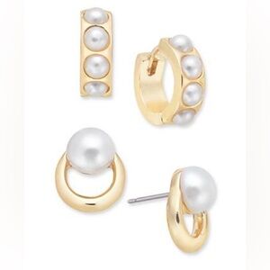 On 34th Gold-Tone Imitation Pearl Hoop & Stud Earrings 2-Pc Set NWT